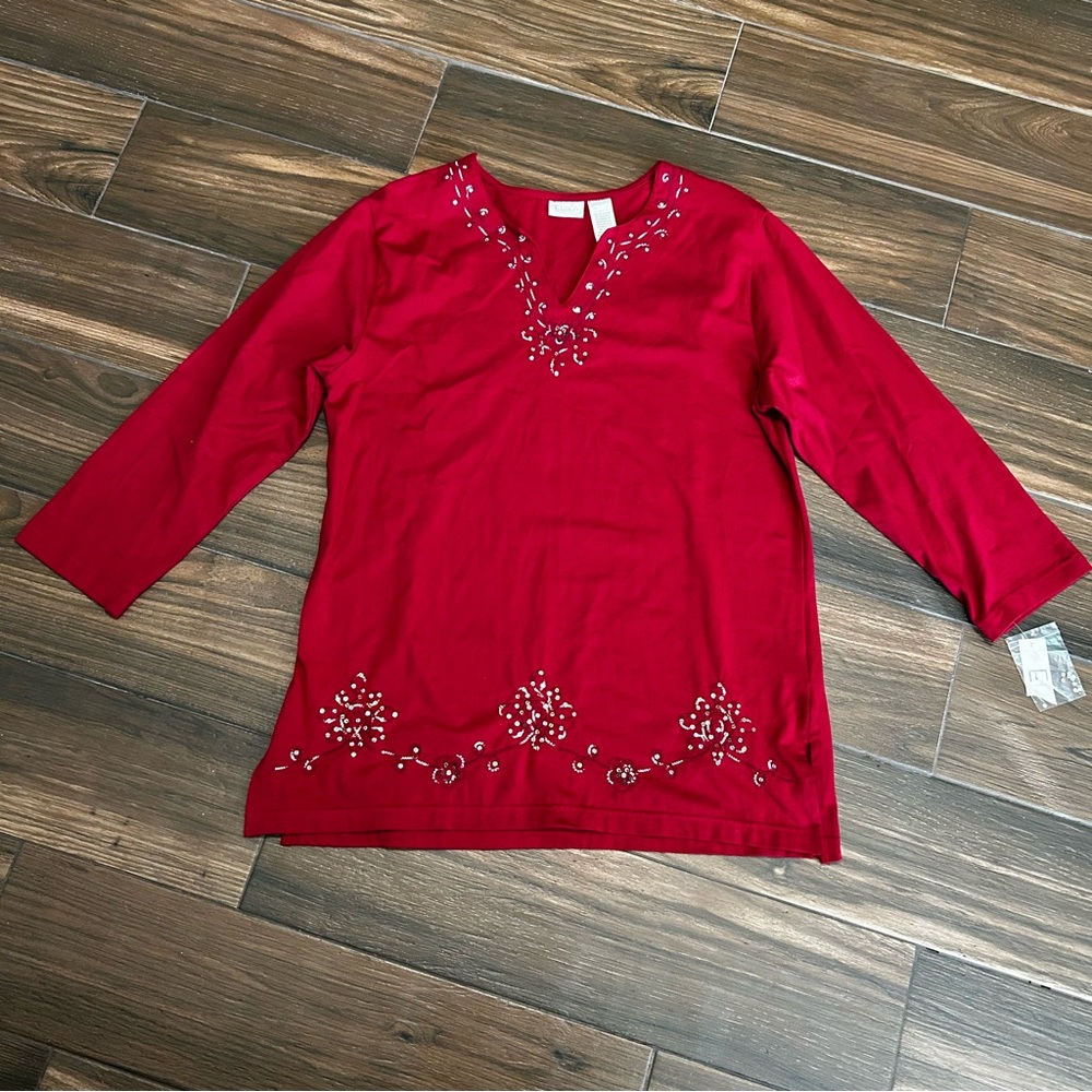 Erika 3/4‎ Sleeve Tunic Blouse Embroidered Sequins V Neck Wine Red Large NWT